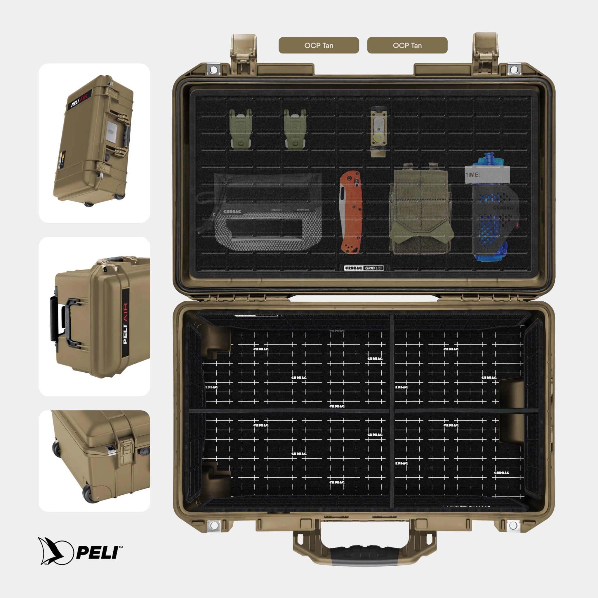 Peli 1535 Air case OCP Tan with CRDBAG MOLLE Panel GRID-LID organizer and GRID-DIVIDE divider system