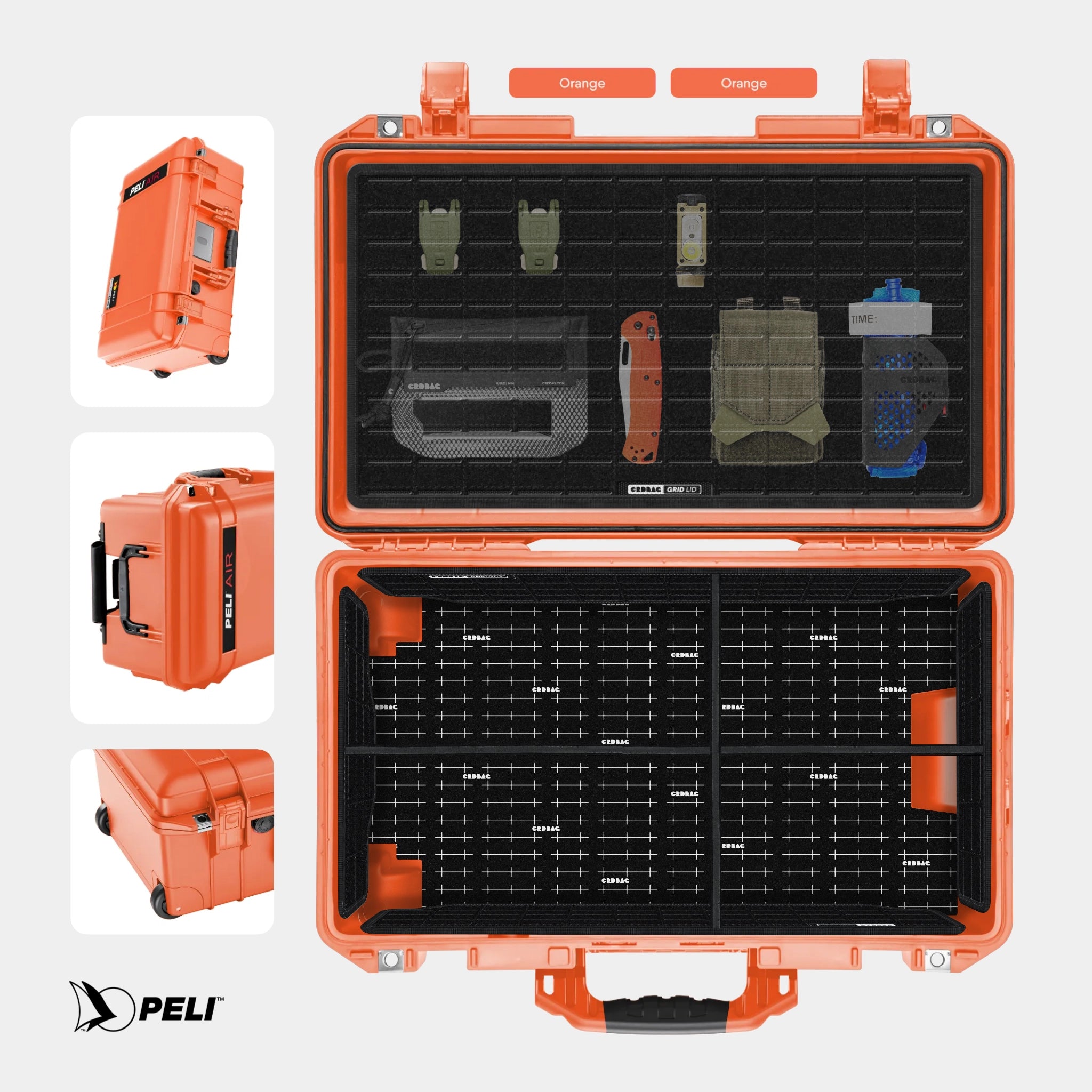 Peli 1535 Air case Orange with CRDBAG MOLLE Panel GRID-LID organizer and GRID-DIVIDE divider system